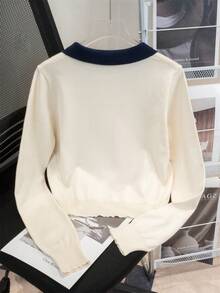 Suéter corto de mujer de manga larga con cuello de polo, de estilo coreano, de temporada otoño/invierno, delgado, de colores contrastantes