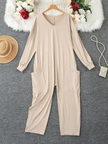 1 Stück einfarbiger gestrickter Jumpsuit mit Taschen, Langarm, geeignet für Feiertage, Hochzeiten, Urlaub, Lässig Alltag, Herbst/Winter