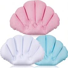 3 piezas de almohada inflable de baño con ventosas, funda de tela de rizo con forma de concha para tina y spa, cómodo cojín suave, soporte para el cuello (rosa, verde, blanco) - rosa, verde, blanco - Ver 1