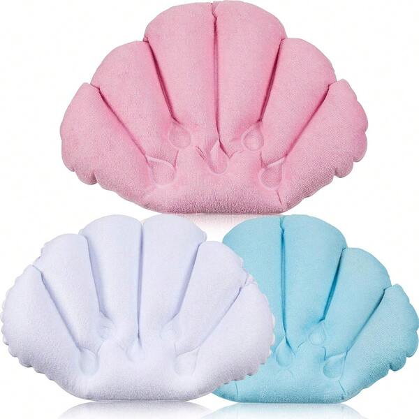 3 piezas de almohada inflable de baño con ventosas, funda de tela de rizo con forma de concha para tina y spa, cómodo cojín suave, soporte para el cuello (rosa, verde, blanco)