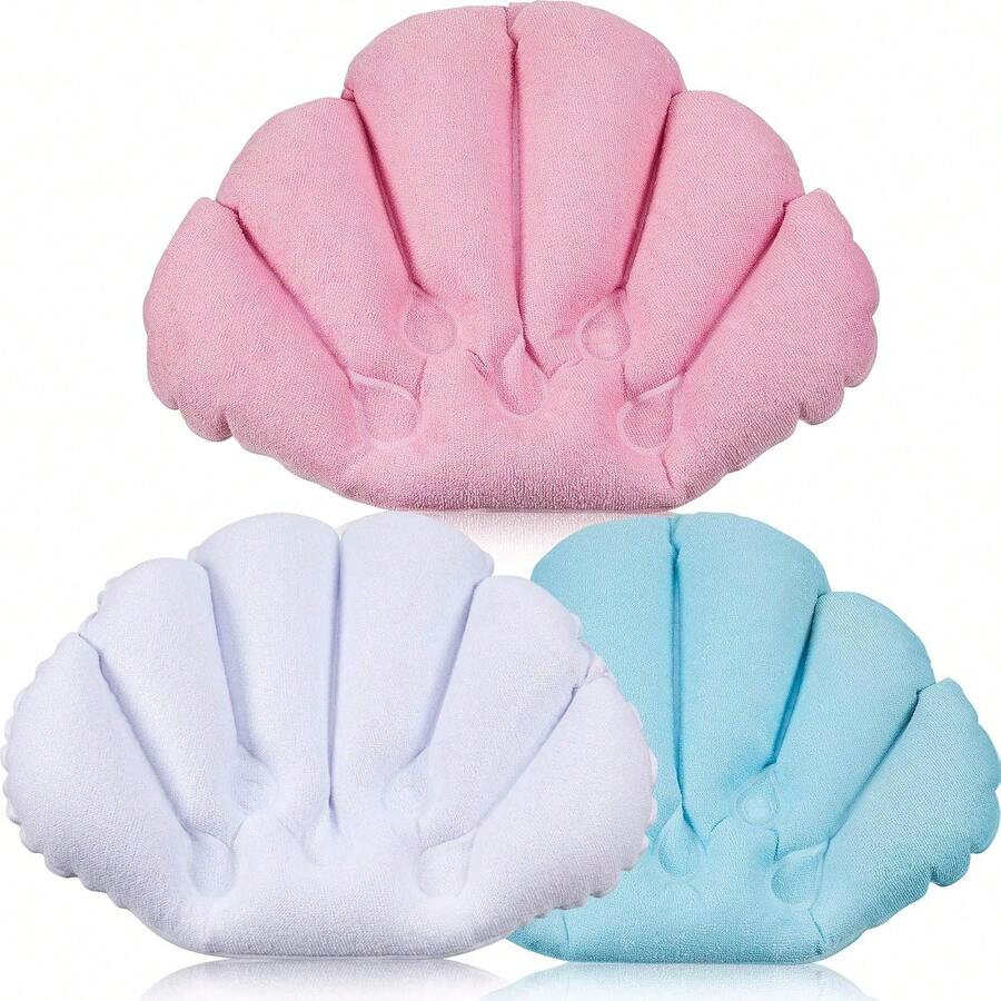 3 piezas de almohada inflable de baño con ventosas, funda de tela de rizo con forma de concha para tina y spa, cómodo cojín suave, soporte para el cuello (rosa, verde, blanco) - rosa, verde, blanco - Ver 1