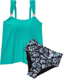 High Waisted Ruffle Tankini Swimsuit Plus Size Tummy Control - Aqua Blue Floral - View 11