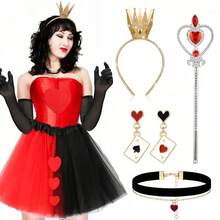 4 件套女王风格服装配饰套装，包括塑料皇冠、头带、项链、心形权杖和耳环 - 20 世纪 20 年代舞会服装道具，适合角色扮演和化妆舞会万圣节 - 彩色 - 查看 9