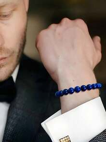 天然青金石手链 - 男女皆宜的真石串珠首饰 | 疗愈水晶情侣/友谊手链，饰以纯银 | 平衡脉轮，提升精神健康，生日和周年纪念礼物 | 可调节结设计 - 均码！ - 多色 - 查看 2