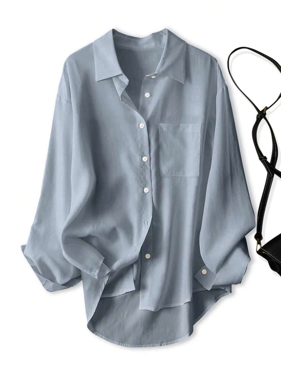 Women's Casual Loose Long Sleeve Shirt, Spring/Autumn - Dusty Blue - View 1