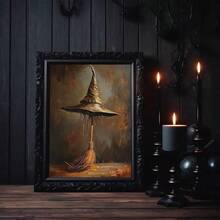 1pc, Canvas Wall Art, Framed Art Decor, Hangable, Wall Art, Poster, Witch's Hat, Horror Season Wall Art Decor, Halloween Poster, Witch's Hat And Broom, Gifts For Witch Lovers, Autumn Decor, Halloween Decor, Halloween Decor Aesthetics, Room Decor, Dorm Room Decor, Bedroom Decor Home Decor Fall Decor