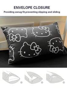 Sanrio 可爱印花 2/3 件床上用品套装 - Hello Kitty/Kuromi/Cinnamoroll/Pochacco（1 件羽绒被套 + 1/2 件枕套，无填充物）卡通全尺寸，柔软舒适，适合宿舍、家庭卧室、酒店、所有季节，带拉链开合和枕套，多色耐用，超大床上用品套装，超大羽绒被套 - 黑白KT - 查看 4