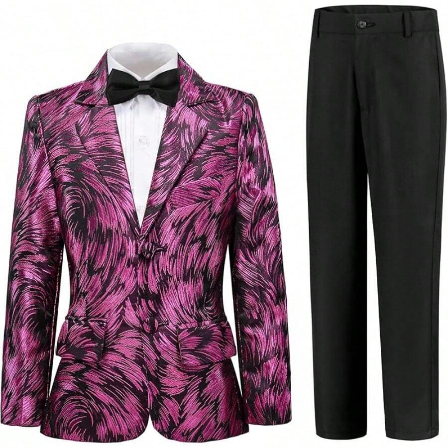 Teen Boy Jacquard Tuxedo 3 Piece Suit Set - Bow Tie Included For Wedding Prom - 玫紅色 - 查看 1