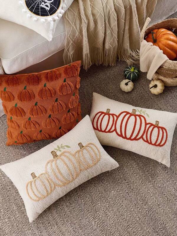 1pc Thanksgiving Pumpkin Embroidered Pillowcase, Minimalist Versatile Pumpkin Pillowcase, Suitable For Halloween Decor, For Living Room Sofa, Bedroom Headboard, 45*45cm, 30*50cm, Pillow Insert Not Included