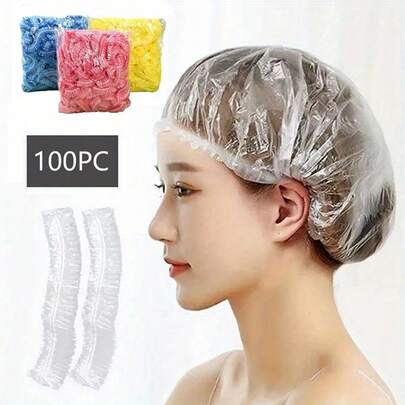 100 قبعة استحمام من البي في سي عالية الجودة متعددة الألوان - مصممة لشعر طويل، سهلة الاستخدام والتنظيف، مناسبة للمنزل والفنادق، ضرورية للاستحمام، تصميم شفاف، بلاستيك، درجة احترافية للصالونات
