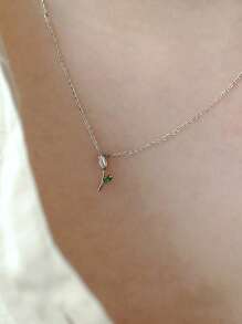 1 件 S925 纯银玫瑰花绿宝石锆石吊坠项链，女士百搭日常佩戴项链，节日时尚珠宝礼物