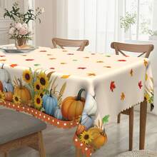 1pc Autumn Thanksgiving Tablecloth, Harvest Theme Printed Dining Table Cover With Pumpkin, Sunflower, Maple Leaf Elements, Polyester Fabric With Lace Trim, Rectangular And Round Sizes, Suitable For Indoor And Outdoor - Farmhouse Kitchen Dining Room Decor, Thanksgiving Holiday Gift, Durable Machine Washable Home Tablecloth