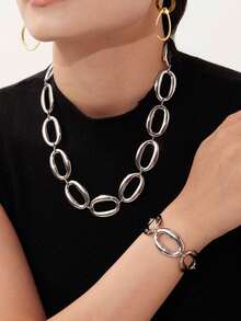 1pc European & American Exaggerated Geometric O-Shape Link Design Necklace & Bracelet Set - Oval Hollow Set - View 6