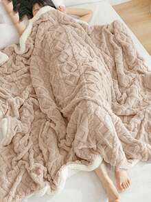 1 件卡其色涤纶夏尔巴双面毛毯，纯色波浪图案双层毛毯，适合所有季节，温暖柔软，简约时尚床毯，适用于卧室、沙发、办公室、沙发床 - 卡其色 - 查看 5