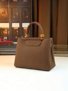 秋冬优雅女士手提包，成熟淑女托特包，棕色单肩包，通勤包，可斜挎，带铭牌吊饰 - 咖啡 - 查看 5