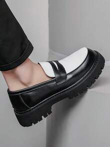2025 New Men's Formal Slip-On Loafers [ Street Style], Black & White Patchwork Thick Sole Loafers, British Style Slip-On + Premium Leather Patchwork, Unique Serrated Outsole For Height Increase & Slimming, Suitable For Casual, Business And Various Styles
