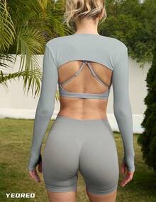 Women Crop Top Long Sleeve Bolero Open Front Workout Cropped Shirts Sports Shrug - 淺灰色 - 查看 4