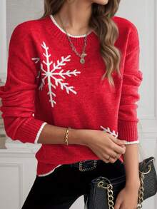 كنزة عيد الميلاد أنيقة وعصرية للنساء مزينة بتصميم متباين من الحواف المحبوكة بنمط رقائق الثلج، مناسبة للارتداء اليومي في فصلي الخريف والشتاء