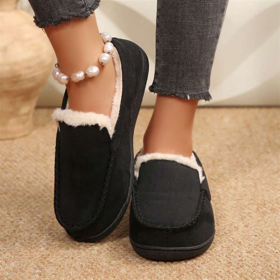 Women Warm Lined Slippers Loafers Casual Slip On Shoes Walking - màu đen - Xem 1