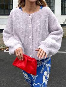 Vivid Style 女士柔软舒适休闲装复古慵懒风纯色喇叭袖针织开衫搭配宽松纹理毛衣 - 紫色 - 查看 5