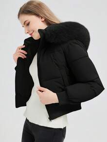 FANMUER Nuovo cappotto imbottito corto da donna con cappuccio e colletto in pelliccia sintetica, maniche lunghe regolari e chiusura con zip, casual per l'inverno