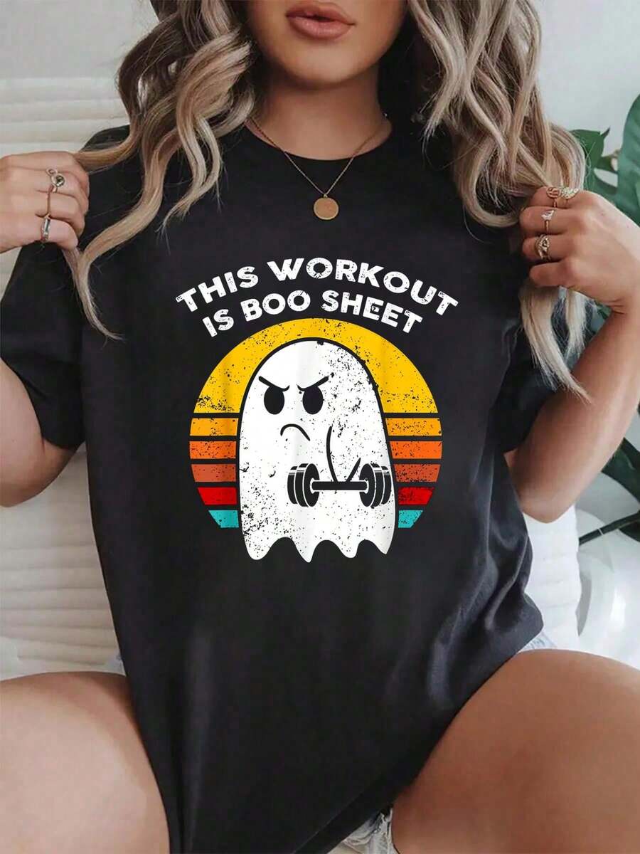 100% Cotton Funny This Workout Is Sheet Halloween Ghost Exercise Gym T-Shirt Summer Tees Women - Black - View 1