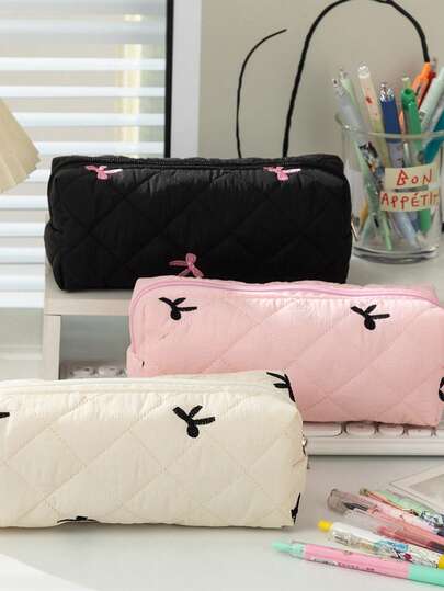 Estuche de lápices con lazo grande, ideal para la temporada de regreso a clases. También puede usarse como bolsa de maquillaje. Estilo INS, atractivo y de gran capacidad. Organizador de artículos de papelería para niñas y útiles escolares.