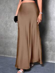 Plus Size Women Elegant Maxi Satin Skirt, Solid Color - Camel - View 2