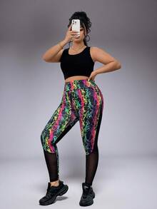 1 件女士加大码时尚性感高腰运动印花撞色网眼多功能户外骑行瑜伽紧身裤 - 黑色 - 查看 7