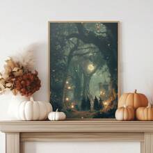 1pc, Canvas Hanging Painting, Framed Art Decoration, Ready To Hang, Wall Arts, Posters, Wall Art With Frame, Vintage Gothic Witch Mural In The Magic Forest, Mythical Witch Halloween Poster Print, Witchcraft Mural, Mysterious Dark College, Fall, Halloween, Halloween Autumn Decoration, Room Decoration, Dormitory Decoration ,Halloween Decor Home Decor Fall Decor