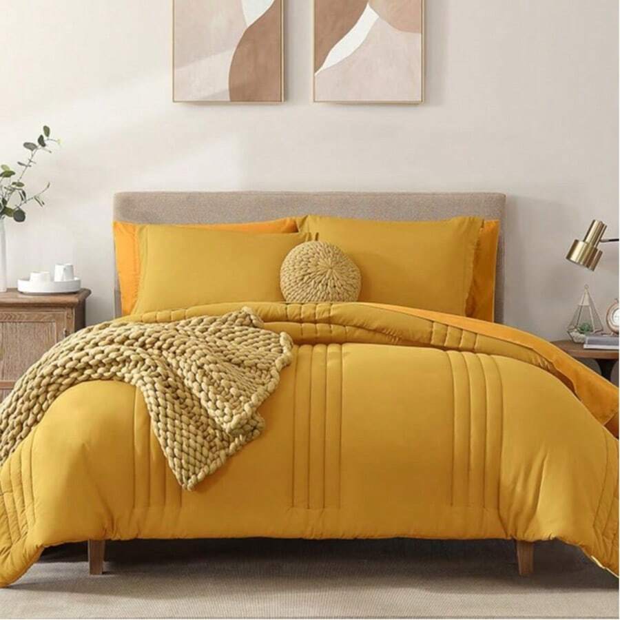 Solid Comforter Set - 7 Pieces Bed In A Bag Bedding Sets With Comforters, All Seasons Down Alternative Comforter With Sheets, Pillowcases & Shams - Bright Yellow - 查看 1