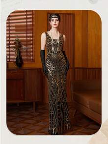 1920s Vintage Sequin Beaded Dress, Plus Size Black With Gold, Suitable For Parties, Weddings, Guest Occasions - Black - View 1