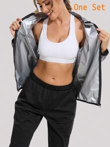 1 Set Women Silver Coated Sweat Suit Jacket And Pants, Suitable For Outdoor Sports, Shaping, Running, Fitness