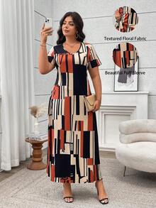时尚休闲修身V领抽象几何印花优雅大码女装，适合日常穿着和夏季度假约会。 - 彩色 - 查看 1