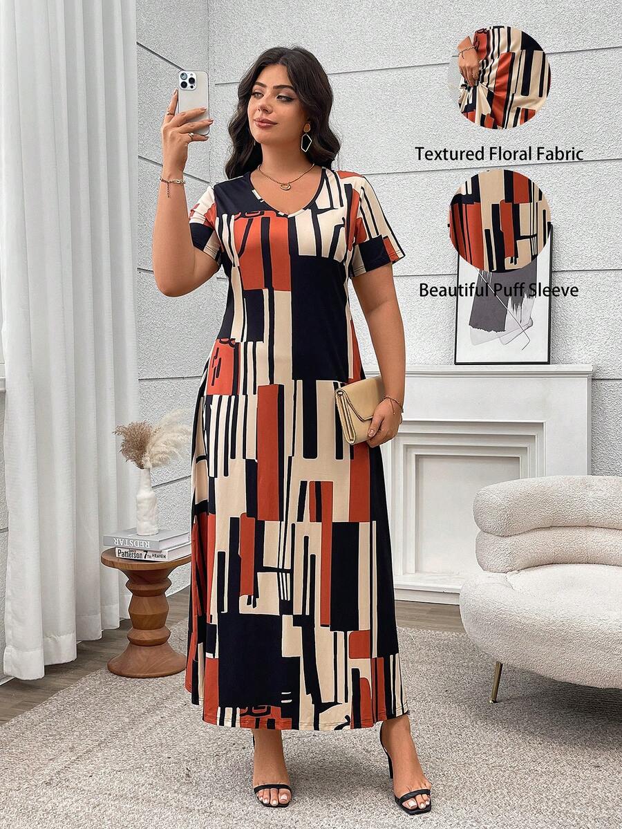 时尚休闲修身V领抽象几何印花优雅大码女装，适合日常穿着和夏季度假约会。 - 彩色 - 查看 1