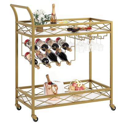 Bar Cart, Home Bar Serving Cart With Wheels, 2 Tier Drink Cart With Wine Rack & Glass Holder, Liquor Beverage Cart For Kitchen Dining Living Room Outdoor
