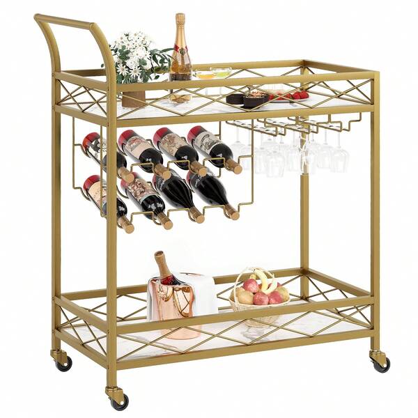 Bar Cart, Home Bar Serving Cart With Wheels, 2 Tier Drink Cart With Wine Rack & Glass Holder, Liquor Beverage Cart For Kitchen Dining Living Room Outdoor