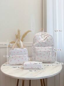 3pcs Nylon Bow Print Backpack Set, Foldable Multi-Pocket Large Capacity Waterproof Zipper Backpack, Suitable For Teenagers, High School Students, College Students, Ladies For Daily Use, Commuting, Travel, Valentine's Day Gift