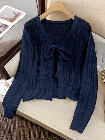 Women's Tie Front Solid Color Cable Knit Long Sleeve Knitted Cardigan Lightweight Flowy Spring Autumn Cute Cardigan Sweater
