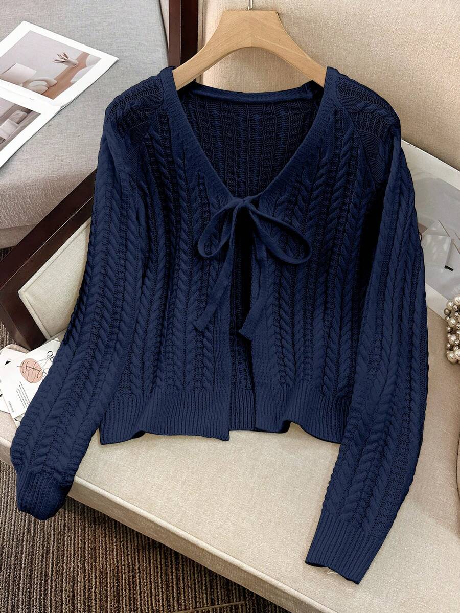 Women's Lace-Up Solid Color Cable Knit Long Sleeve Cardigan, Lightweight & Flowy, Cute Spring/Autumn Sweater - Navy Blue - View 1