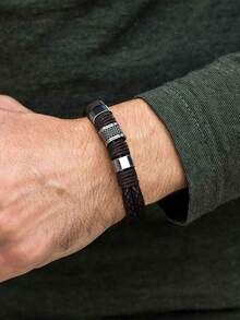 Xiacheng 1/6 件男士编织皮革手链 - 手工牛皮腕带，波西米亚风格合金扣，送给丈夫/男朋友的礼物（黑色） - 黑色 - 查看 3