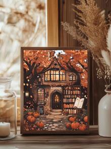 1pc, Canvas Hanging Painting, Framed Art Decoration, Ready To Hang, Wall Arts, Posters, Wall Art With Frame, Fantasy Bookstore Art, Fall Decoration, Rustic Fall Decoration, Halloween Wall Art, Vintage Halloween Paintings, Melancholic Fall Prints, Dark Preppy Fall Posters, Doorway Pumpkin Decoration, Maple Leaves, Fall, Halloween, Halloween Room Decoration, Halloween Dorm Decoration, Wall Decoration