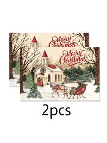 1/2/4pcs 30x45cm Christmas Theme Placemats, Vintage Christmas Snowy Landscape, Christmas Carriage Pattern Placemats, Kitchen Dining Table Decor, Decorative Accessories, Tableware Mats, Room Decor, Dining Table Decor