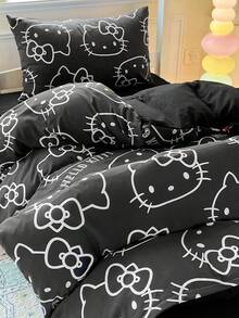 Sanrio 可爱印花 2/3 件床上用品套装 - Hello Kitty/Kuromi/Cinnamoroll/Pochacco（1 件羽绒被套 + 1/2 件枕套，无填充物）卡通全尺寸，柔软舒适，适合宿舍、家庭卧室、酒店、所有季节，带拉链开合和枕套，多色耐用，超大床上用品套装，超大羽绒被套 - 黑白KT - 查看 5
