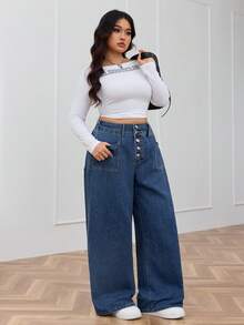 Dark Blue Wash Front Button Straight Leg Plus Size Boyfriend Jeans Elegant Daily Casual Outfit For Women High Waisted Long Pants Summer
