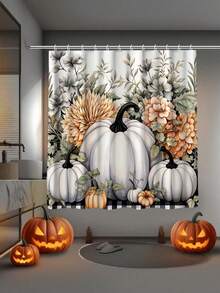 1/4 件南瓜秋季浴帘套装，水彩花卉南瓜感恩节浴室套装，带浴帘和地毯，防水涤纶面料浴帘浴室和家居装饰，含 12 个挂钩，感恩节、秋季、万圣节、圣诞节装饰浴室装饰 - 彩色 - 查看 16