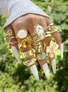 14/8pcs Vintage, Boho Fashion Elegant Delicate Retro Floral, Pearl, Heart, Colorful Gemstone, Textured Water Drop, Wave, Cross, Minimalist Smooth Plain Wide Band Exaggerated Chunky Ring Set, Suitable For Holiday, Party, Date, Gift, Daily Wear