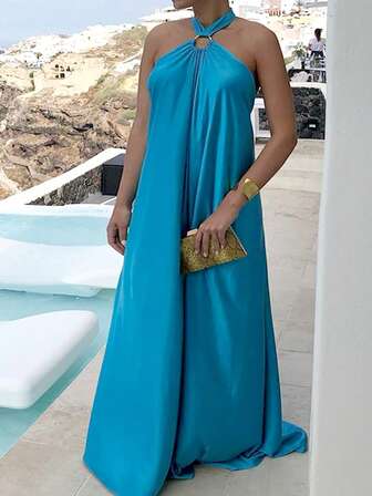 Vestido largo de playa con espalda descubierta y cruce en forma de O para mujer de talla grande, adecuado para uso en fiestas, verano