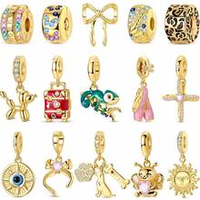 1 Pc Sliver Color Sparkling Cubic Zirconia Vintage Golden Chameleon Bee Dog Bow Ballet Shoes Cross Luggage Sun Charm Fit Original Bracelet Necklace Pendant Beads For Diy Jewelry Making Women Girlbirthday Jewelry Gift For Friends - Gold - View 1