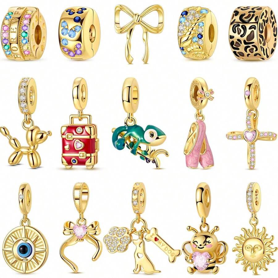 1 Pc Sliver Color Sparkling Cubic Zirconia Vintage Golden Chameleon Bee Dog Bow Ballet Shoes Cross Luggage Sun Charm Fit Original Bracelet Necklace Pendant Beads For Diy Jewelry Making Women Girlbirthday Jewelry Gift For Friends - Gold - View 1